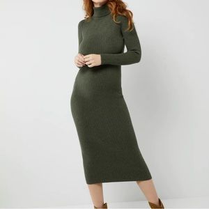 BANANA REPUBLIC Ribbed Turtleneck Midi Dress Olive Green Bodycon Medium
